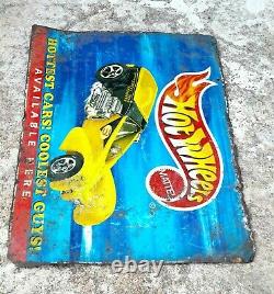 Vintage Mattel Hot Wheels Cars Available Here Double Sided Sign Board Tin Rare