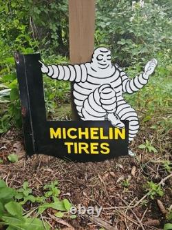 Vintage Michelin Tires Porcelain Enamel Flange Gas Oil Sign Double Sided Rare