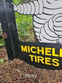 Vintage Michelin Tires Porcelain Enamel Flange Gas Oil Sign Double Sided Rare