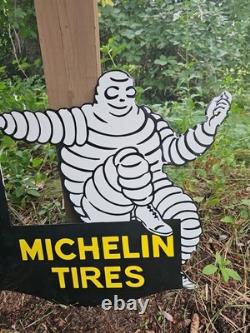 Vintage Michelin Tires Porcelain Enamel Flange Gas Oil Sign Double Sided Rare