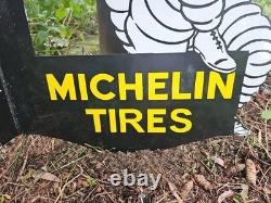 Vintage Michelin Tires Porcelain Enamel Flange Gas Oil Sign Double Sided Rare
