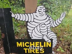 Vintage Michelin Tires Porcelain Enamel Flange Gas Oil Sign Double Sided Rare