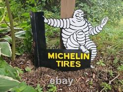 Vintage Michelin Tires Porcelain Enamel Flange Gas Oil Sign Double Sided Rare
