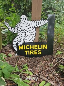 Vintage Michelin Tires Porcelain Enamel Flange Gas Oil Sign Double Sided Rare