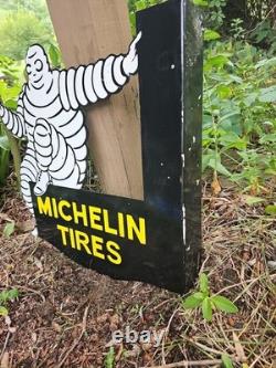 Vintage Michelin Tires Porcelain Enamel Flange Gas Oil Sign Double Sided Rare