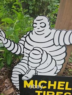 Vintage Michelin Tires Porcelain Enamel Flange Gas Oil Sign Double Sided Rare