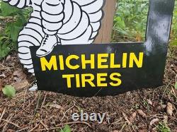 Vintage Michelin Tires Porcelain Enamel Flange Gas Oil Sign Double Sided Rare