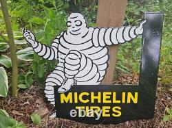 Vintage Michelin Tires Porcelain Enamel Flange Gas Oil Sign Double Sided Rare