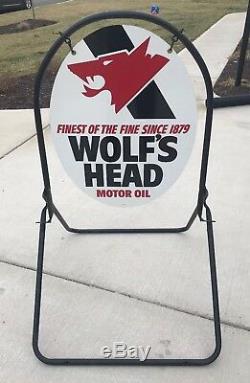 Vintage NOS Wolf's Head OIL Double Sided GAS STATION Advertising Sign NEW IN BOX