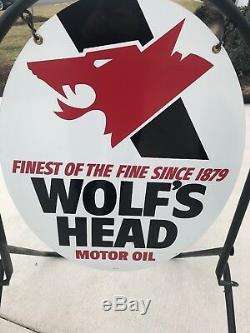 Vintage NOS Wolf's Head OIL Double Sided GAS STATION Advertising Sign NEW IN BOX