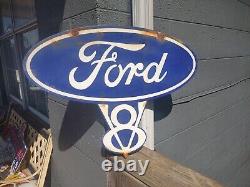 Vintage Old Ford V8 Genuine Parts double sided porcelain metal Sign Auto Gas Oil