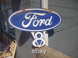 Vintage Old Ford V8 Genuine Parts double sided porcelain metal Sign Auto Gas Oil
