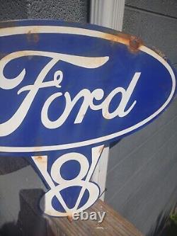 Vintage Old Ford V8 Genuine Parts double sided porcelain metal Sign Auto Gas Oil