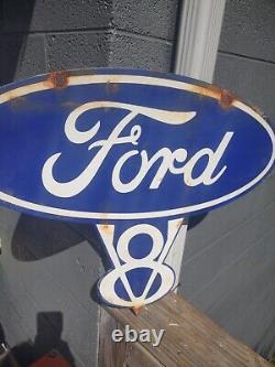 Vintage Old Ford V8 Genuine Parts double sided porcelain metal Sign Auto Gas Oil
