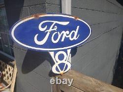 Vintage Old Ford V8 Genuine Parts double sided porcelain metal Sign Auto Gas Oil