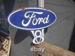 Vintage Old Ford V8 Genuine Parts double sided porcelain metal Sign Auto Gas Oil