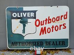 Vintage Oliver Porcelain Sign Large Outboard Boat Motor Double Sided Oil Gas 35