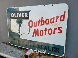 Vintage Oliver Porcelain Sign Large Outboard Boat Motor Double Sided Oil Gas 35