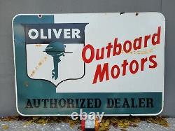 Vintage Oliver Porcelain Sign Large Outboard Boat Motor Double Sided Oil Gas 35