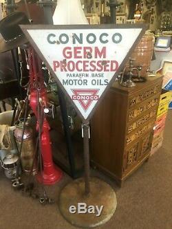Vintage Original 1930's Conoco Motor Oil Porcelain Double Sided Lollipop Sign