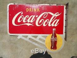 Vintage/Original 1948 Drink COCA-COLA Double-Sided Flange Sign with Bottle Logos