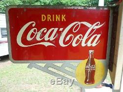 Vintage/Original 1948 Drink COCA-COLA Double-Sided Flange Sign with Bottle Logos