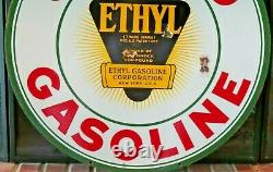 Vintage Original Conoco Gasoline with Ethyl Burst Double-Sided 30 Porcelain Sign