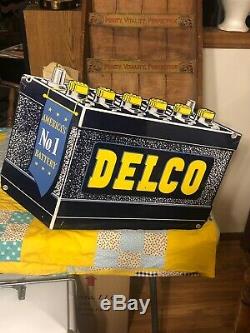 Vintage Original Delco Batteries Double Sided Sign Not Porcelain Gas Oil NICE