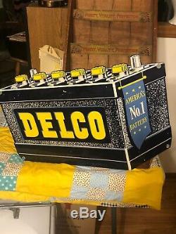Vintage Original Delco Batteries Double Sided Sign Not Porcelain Gas Oil NICE