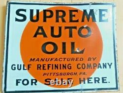 Vintage Original Gulf Oil Supreme Auto Oil Double Sided Porcelain Flange Sign