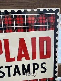 Vintage Original PLAID STAMPS Double Sided Metal SignRARE -VHTF