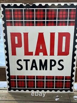 Vintage Original PLAID STAMPS Double Sided Metal SignRARE -VHTF