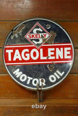 Vintage Original SKELLY TAGOLENE Motor Oil Porcelain Double Sided Sign 30