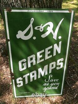 Vintage Original S&H Green Stamps Porcelain Double Sided Sign. Save as you Spend