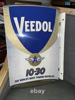 Vintage Original Veedol Flying A Motor Oil Double Sided Metal Flange Sign