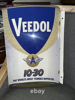 Vintage Original Veedol Flying A Motor Oil Double Sided Metal Flange Sign