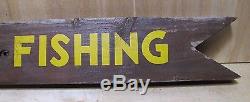 Vintage PUBLIC FISHING Double Sided Wooden Arrow Directional Sign Hunting Camp