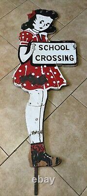 Vintage Painted Wood Metal School Girl Crossing Sign, Double Sided, lifesize