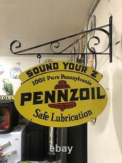 Vintage Pennzoil Double Sided Porcelain Sign With Wall Mounting Bracket