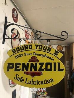 Vintage Pennzoil Double Sided Porcelain Sign With Wall Mounting Bracket