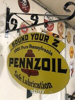 Vintage Pennzoil Double Sided Porcelain Sign With Wall Mounting Bracket