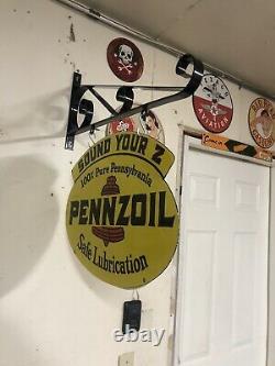 Vintage Pennzoil Double Sided Porcelain Sign With Wall Mounting Bracket