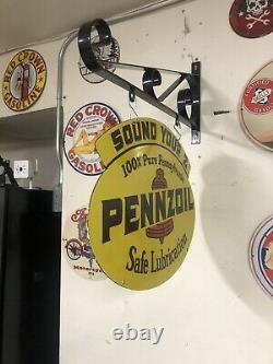 Vintage Pennzoil Double Sided Porcelain Sign With Wall Mounting Bracket