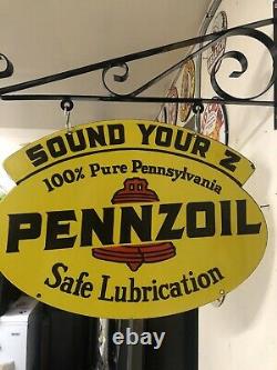 Vintage Pennzoil Double Sided Porcelain Sign With Wall Mounting Bracket