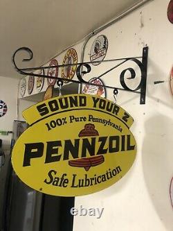 Vintage Pennzoil Double Sided Porcelain Sign With Wall Mounting Bracket