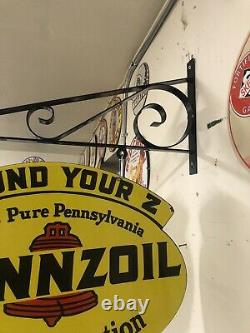 Vintage Pennzoil Double Sided Porcelain Sign With Wall Mounting Bracket