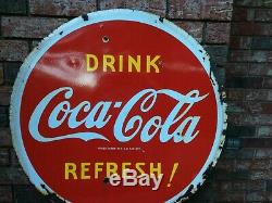 Vintage Porcelain Double Sided 29 1/2 Inches Round Coca Cola Sign Dated 1941