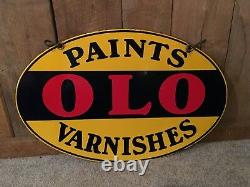 Vintage Porcelain Double Sided OLO Paints & Varnishes Hardware Store Sign