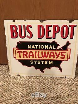 Vintage Porcelain Double Sided Trailways Bus Stop Sign Rare Old Original Auto