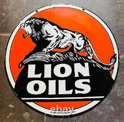 Vintage Porcelain Enamel Lion Oils Gasoline 30 Inch Double Sided Sign
